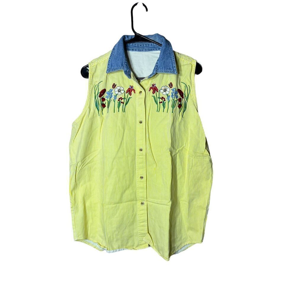 Women’s Yellow Embroidered Flower Sleeveless button front shirt